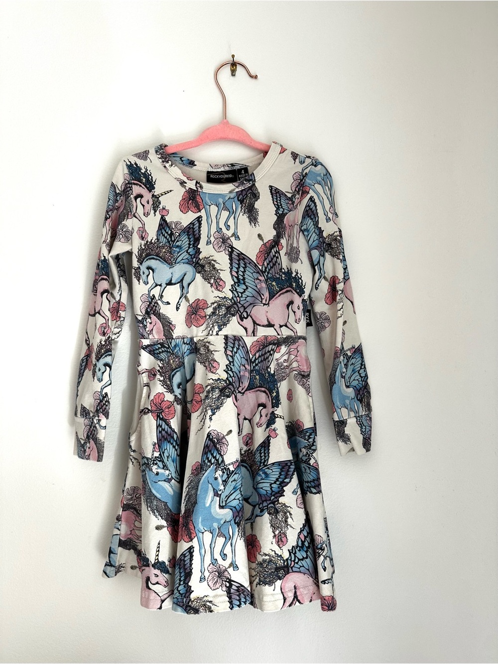 Unicorn Print Long-Sleeve Skater Dress - White with Pink & Blue
